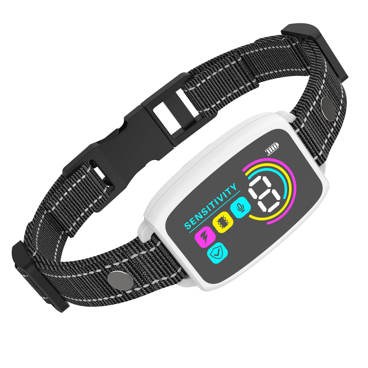 White rechargeable anti-bark dog collar with color display