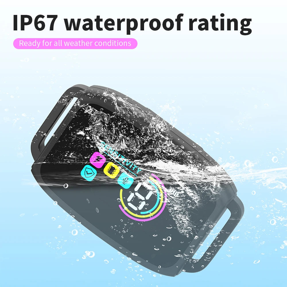 IP67-rated water-resistant anti-bark dog collar shown with water splash