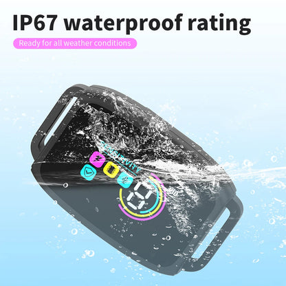 IP67-rated water-resistant anti-bark dog collar shown with water splash