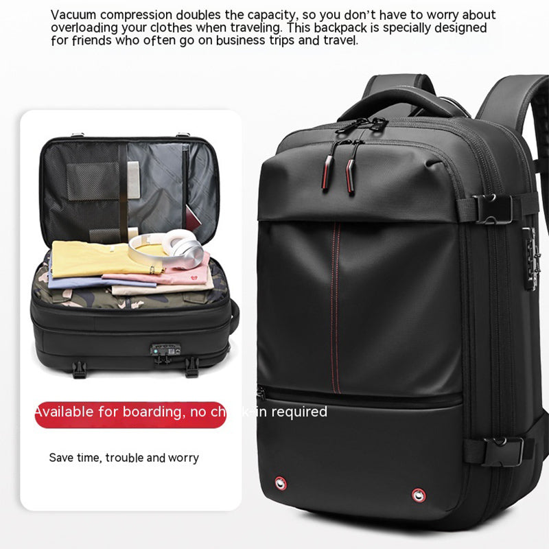 Travel backpack shown open with folded clothing inside