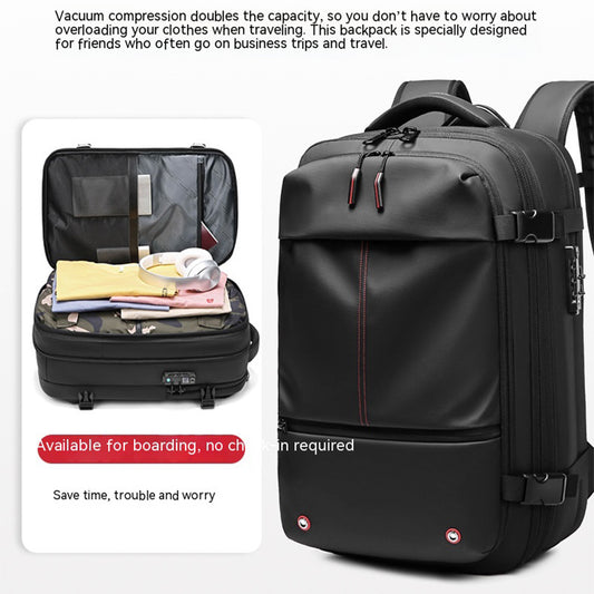 Travel backpack shown open with folded clothing inside