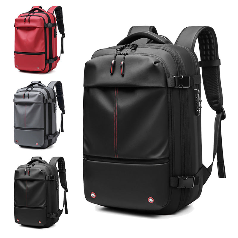 Black travel backpack with red and gray color examples