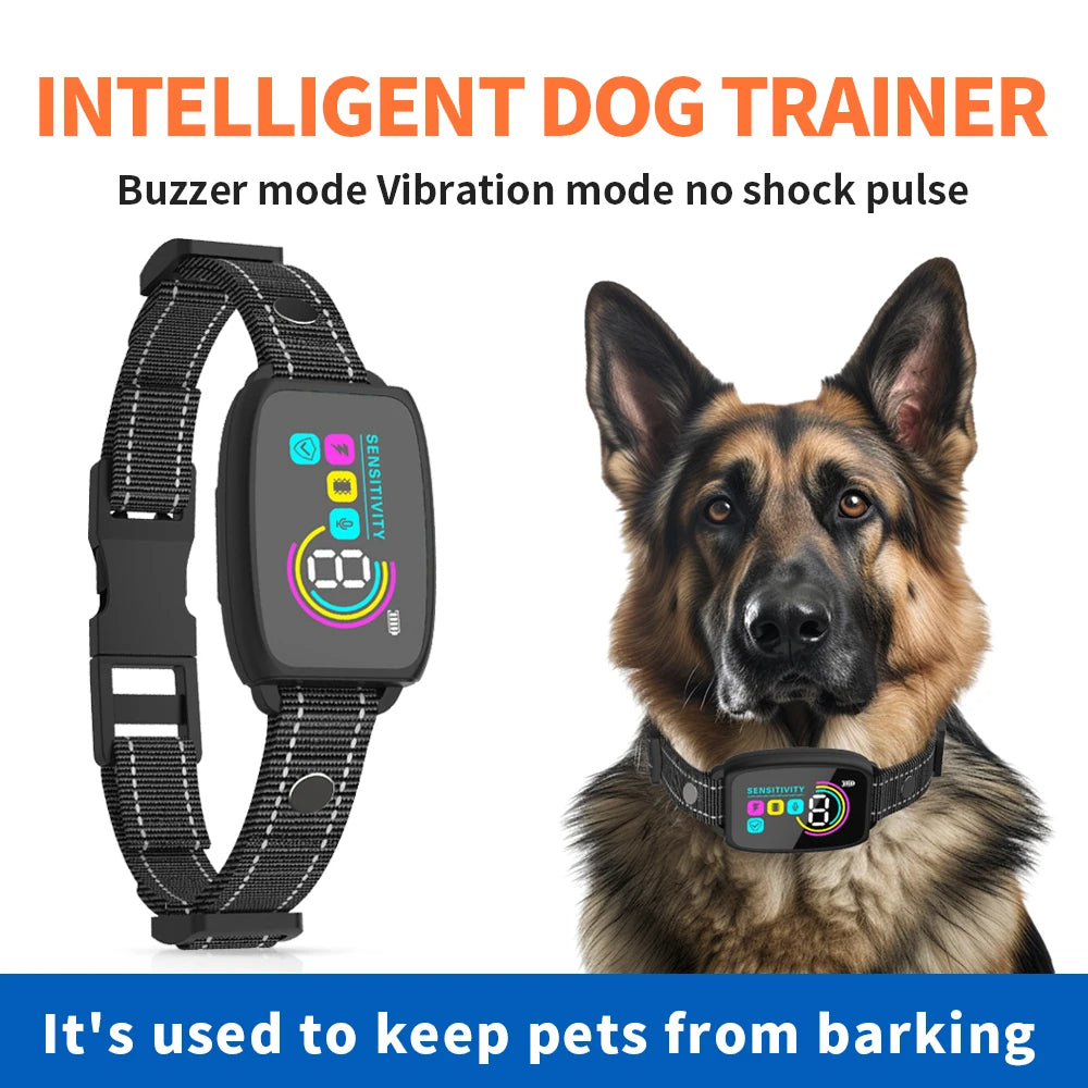 Black anti-bark dog collar with color display shown on a dog