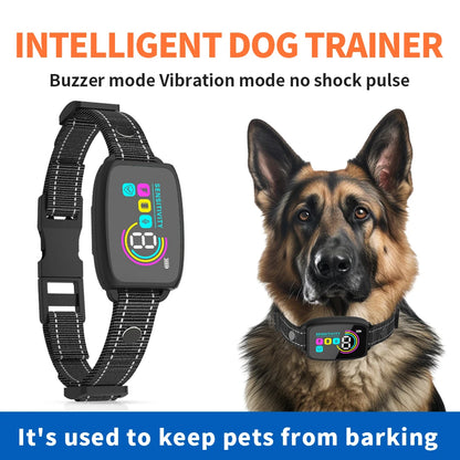 Black anti-bark dog collar with color display shown on a dog