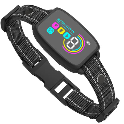 Black rechargeable anti-bark dog collar with color display