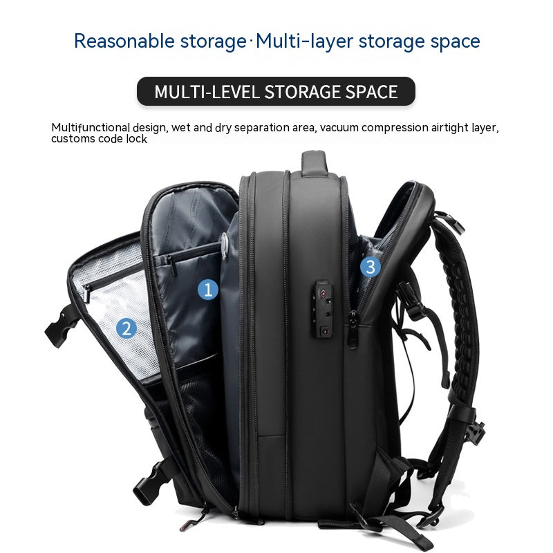 Backpack compartments shown open from the side