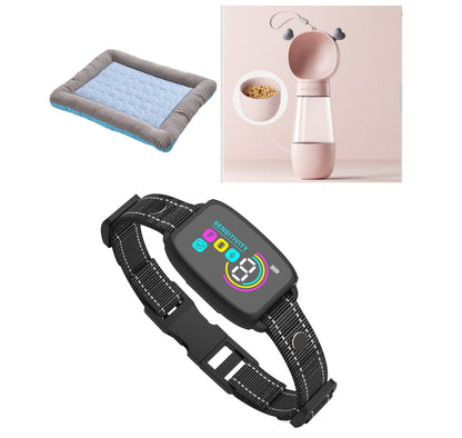 Black Set dog bark collar with bundled pet accessories shown