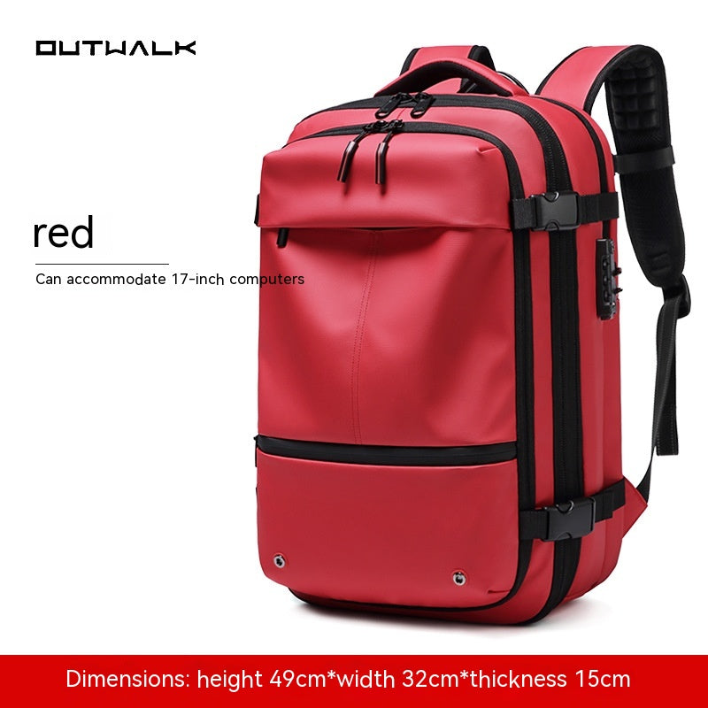 Red travel backpack with front pocket and side buckles