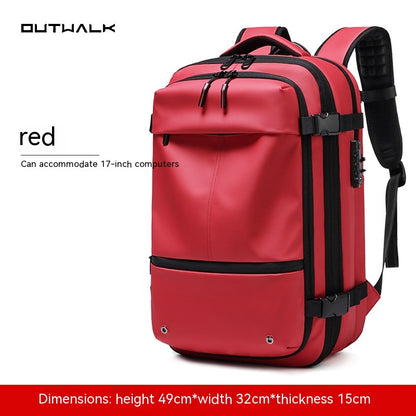 Red travel backpack with front pocket and side buckles
