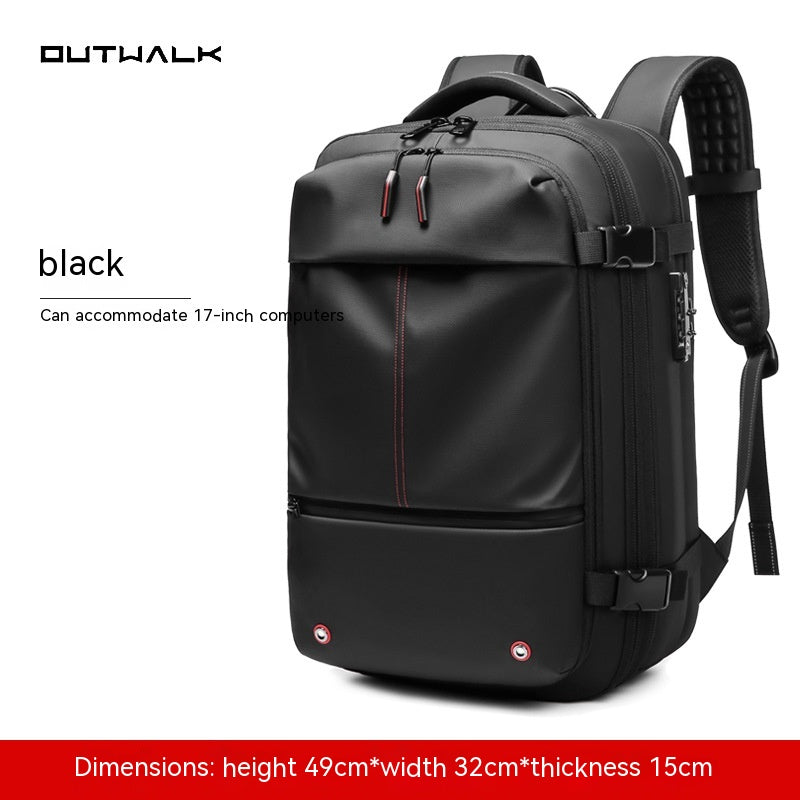 Black travel backpack with zippered front pocket