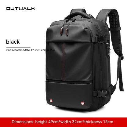 Black travel backpack with zippered front pocket