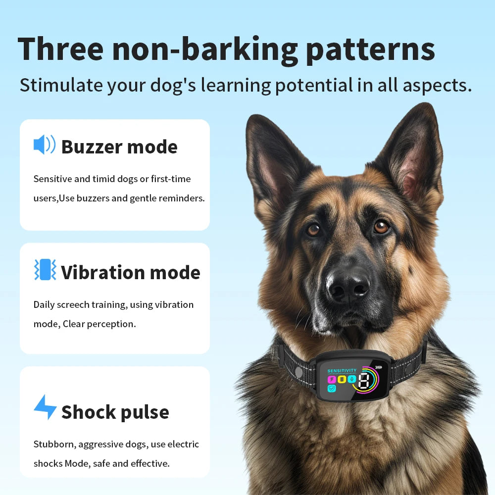 Beep, vibration and optional static stimulation mode guide for dog collar