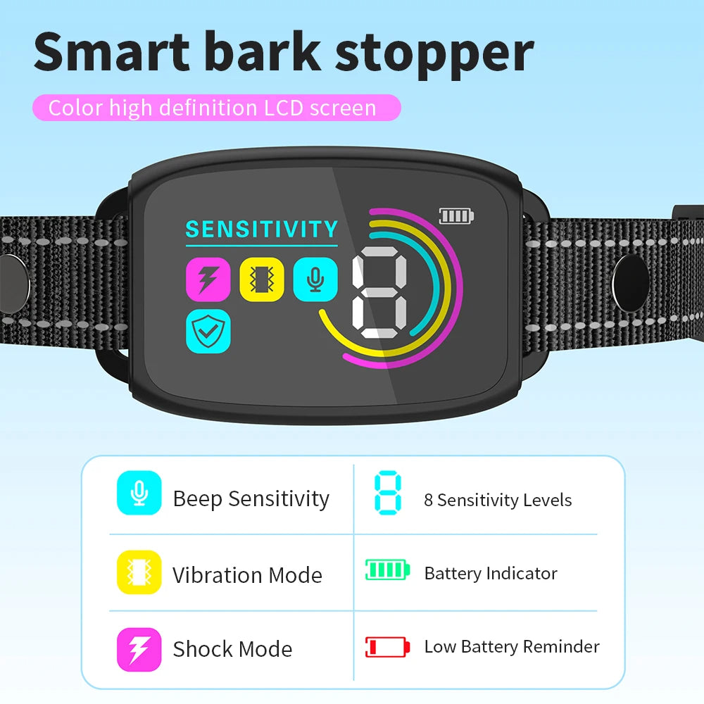 Anti-bark collar display with sensitivity, beep, vibration and static mode icons