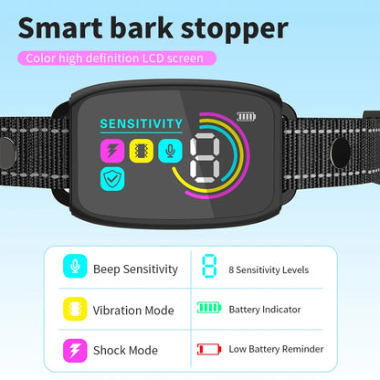 Anti-bark collar display with sensitivity, beep, vibration and static mode icons