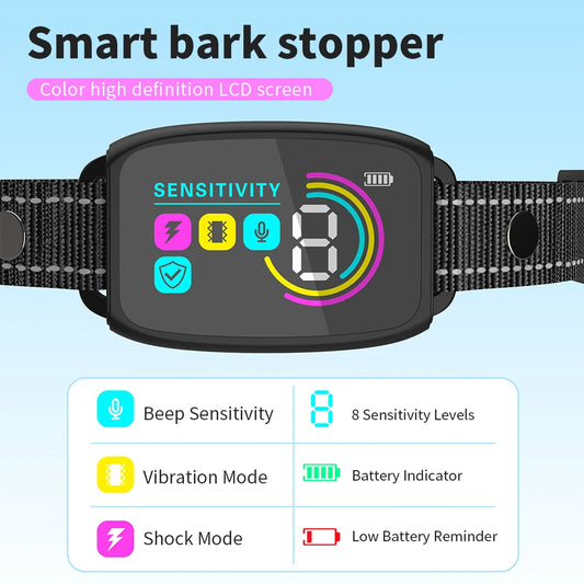 Anti-bark collar display with sensitivity, beep, vibration and static mode icons