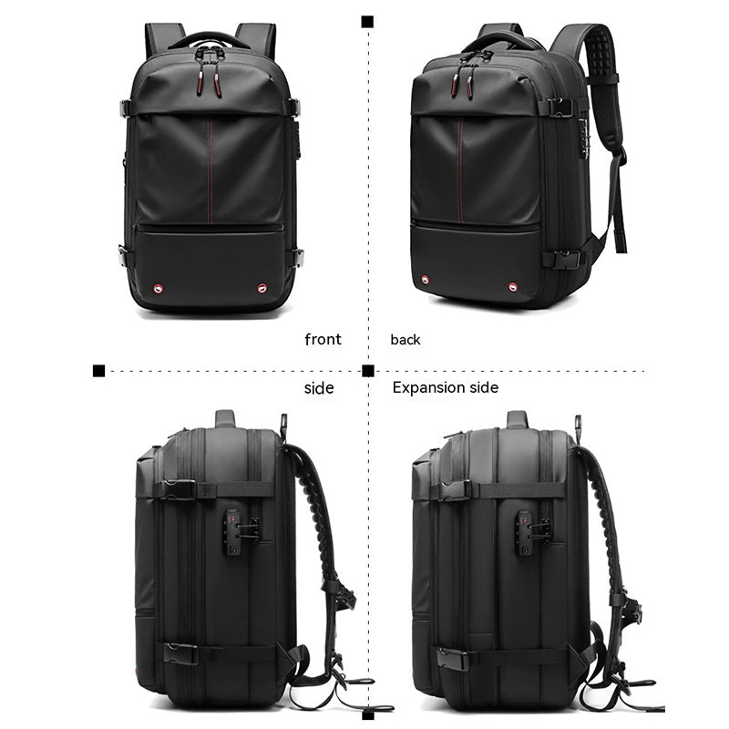 Black backpack front and side views showing expansion