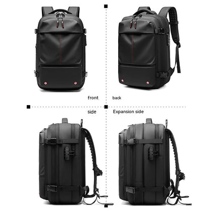 Black backpack front and side views showing expansion