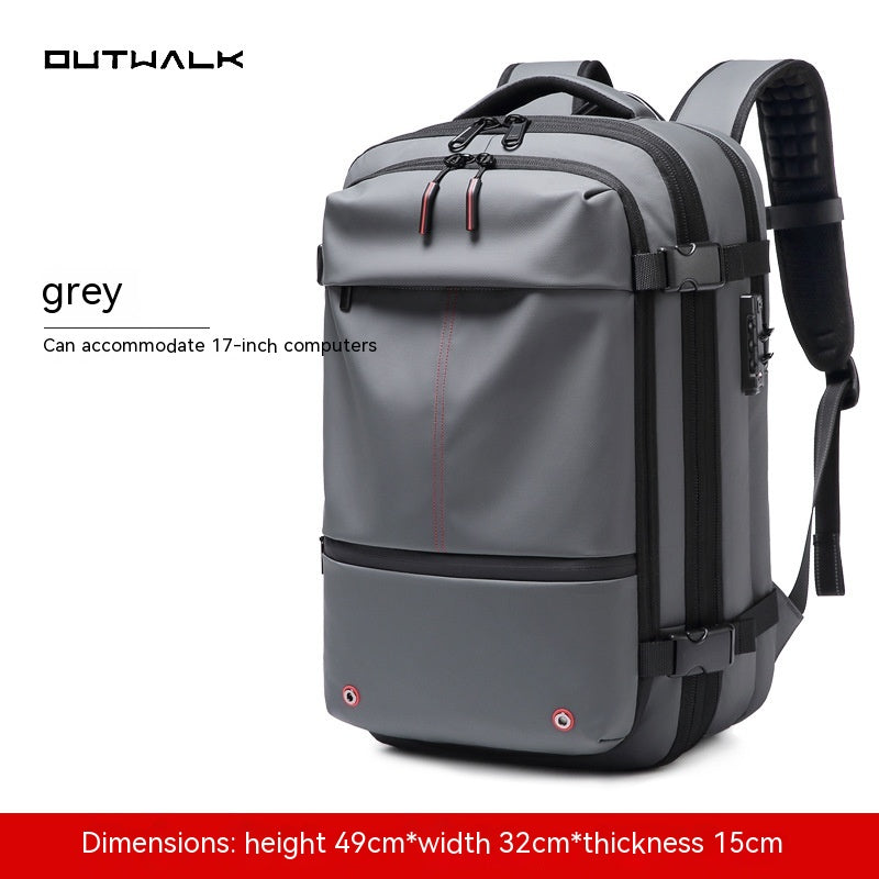 Light gray travel backpack with top handle and side straps