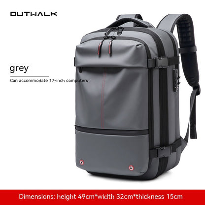 Light gray travel backpack with top handle and side straps